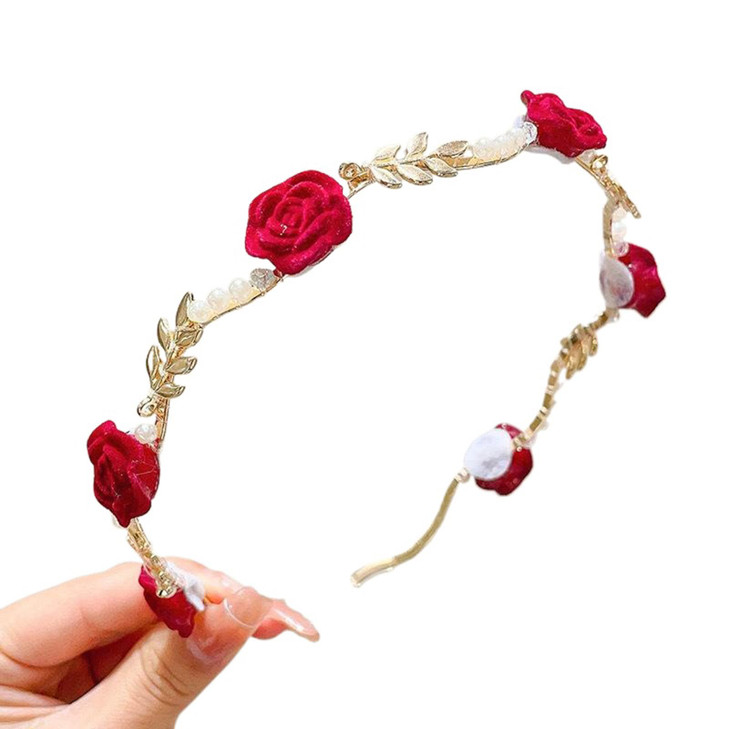 Spenlly Sweet Rose Flower Headband For Women Cute Pearl Floral Hairbands Fashion Bridal Headband Non Slip Hair Accessories Red