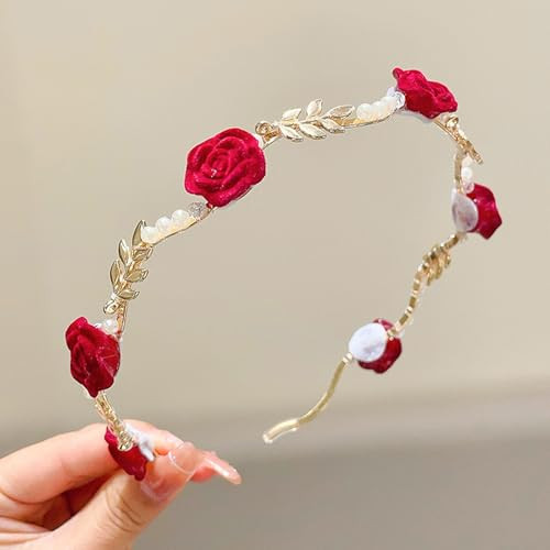 Spenlly Sweet Rose Flower Headband For Women Cute Pearl Floral Hairbands Fashion Bridal Headband Non Slip Hair Accessories Red