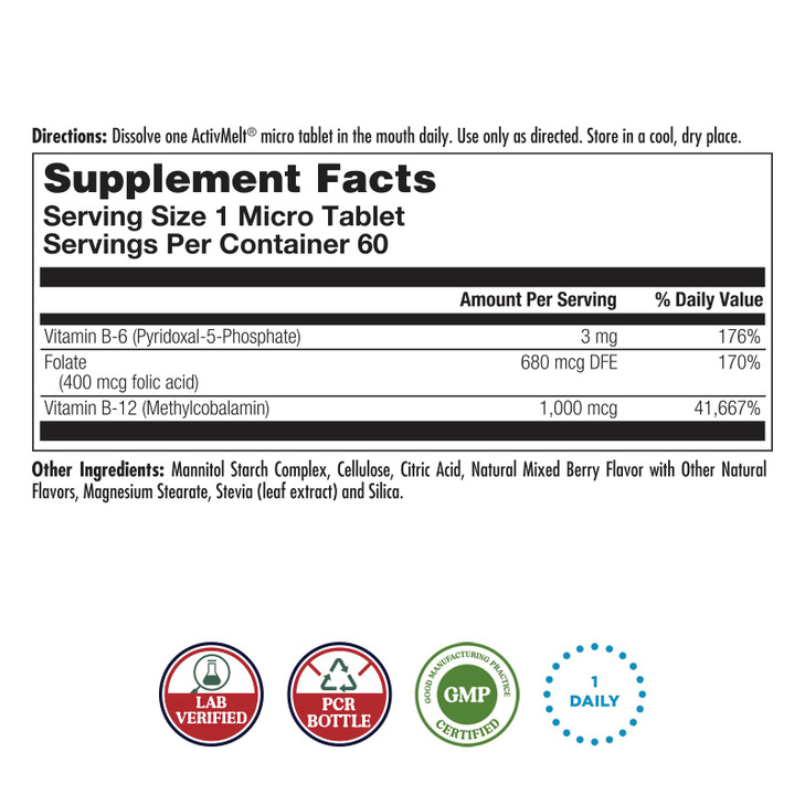 KAL Vitamin B-6, B-12 & Folic Acid Supplement, Heart Health, Energy & Red Blood Cell Support*, with Vitamin B12 Methylcobalamin & Folate, Natural Ber