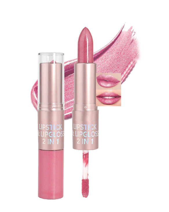 Glitter Metallic Lipstick And Lip Gloss Combo Rose Pink Diamond Shimmer Liquid Metallic Lipsticks For Women Long Lasting Waterproof 2In1 Lip