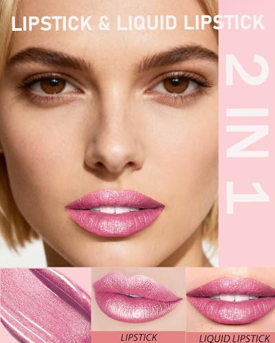 Glitter Metallic Lipstick And Lip Gloss Combo Rose Pink Diamond Shimmer Liquid Metallic Lipsticks For Women Long Lasting Waterproof 2In1 Lip