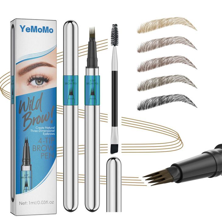 Yemomo Wild Brows 4 Tip Eyebrow Pen Natural Three Dimensional Look Non Drying Formula 5 Color Options 1Ml 0.03Fl.Oz Light Brown