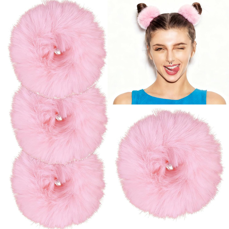 Upionic 4Pcs Pink Pom Pom Hair Ties Soft Furry Faux Rabbit Fur Scrunchies Hair Ties Fluffy Ponytail Holders For Women Girls