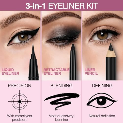 3 Pack Eyeliner With Waterproof 3 In 1 Liquid Gel And Pencil Set Long Lasting And Smudge Proof Effortless Smoky Winged Eye Looks Black