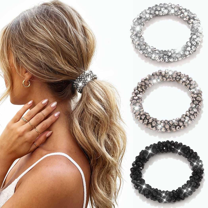 Cakure Rhinestone Hair Tie Silver Scrunchie Sparkly Ponytail Holders Hair Accessories For Women Pack Of 3
