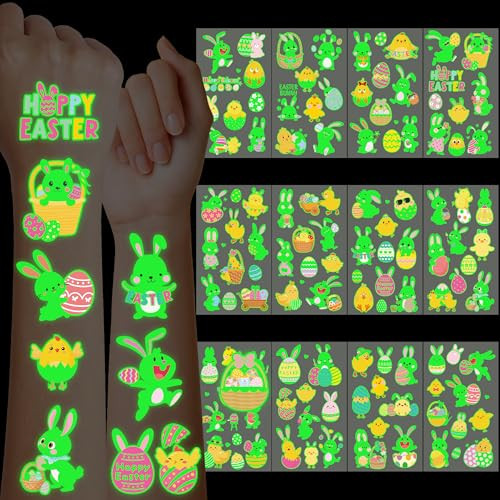 115 Pcs Easter Basket Stuffers 12 Sheets Luminous Easter Tattoos For Egg Fillers Fake Bunny Temporary Tattoos Stickers For Basket Crafts