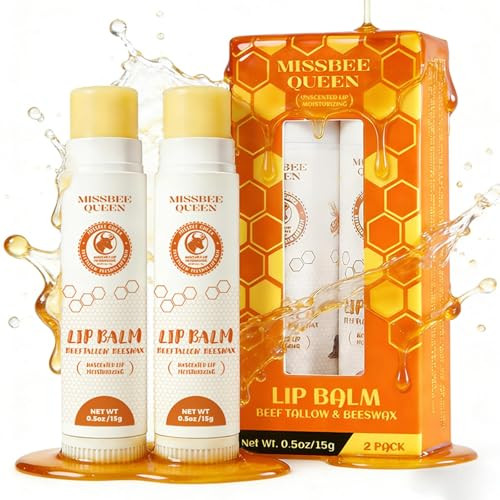 Beef Tallow Lip Balm With Original Beeswax Unscented 2Pc
