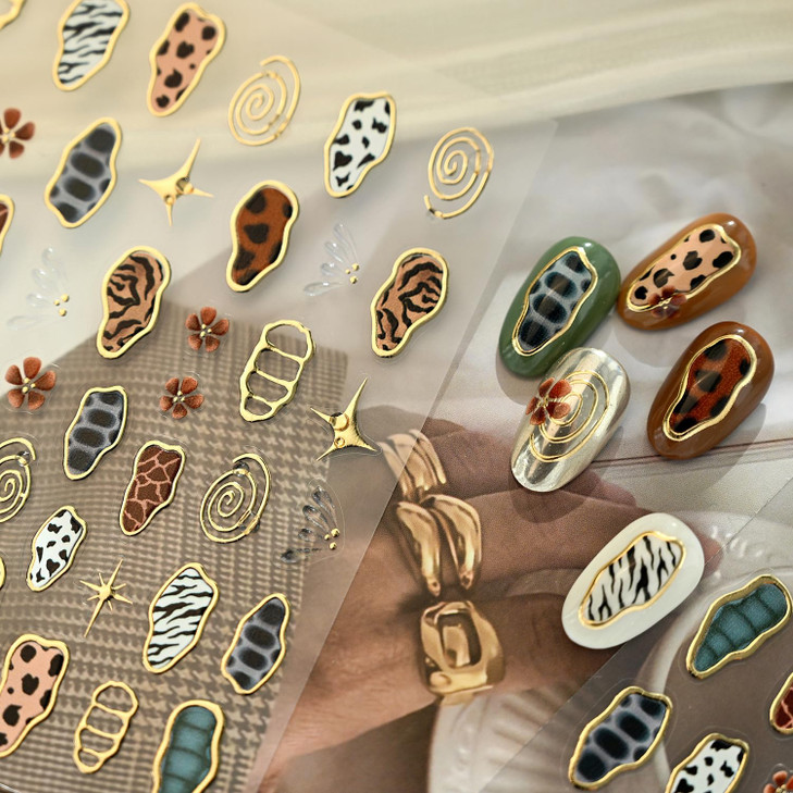 French Leopard Print Nail Art Stickers Chromatic Gold Nail Decal 5D Embossed Irregular Geometric For Sticker Nail Art Jelly Butterfly Wings