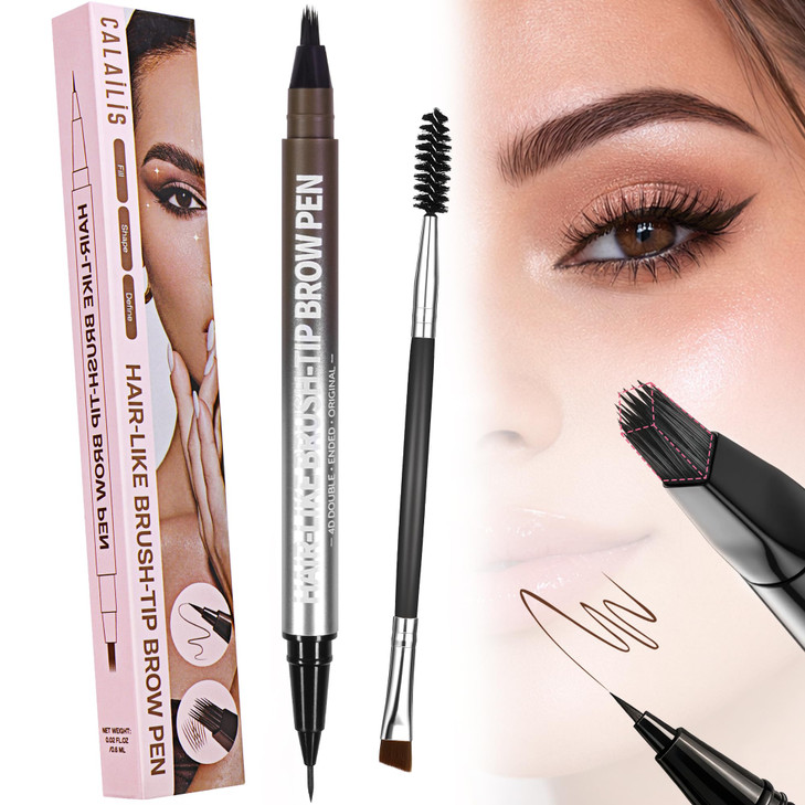 Calailis Eyebrow Pencil For Women 2 In 1 Eyebrow Pen With Dual Ended Microblading 4D Fork Tip And Ultra Fine Eyeliner Tip Create Natural