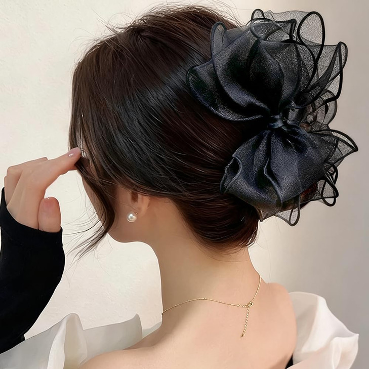 Black Organza Bow Claw Clip Graceful Bowkont Large Claw Clips For Women Cute Hair Clips Big Bow Hair Claws Womens Hairclips Fashion Clawclip