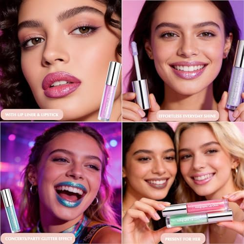 Qhosiuli Holographic Glitter Lip Gloss Blue Shimmer Liquid Lipstick Chameleon Color Shifting High Shine Plumping Lip Gloss For Women Non