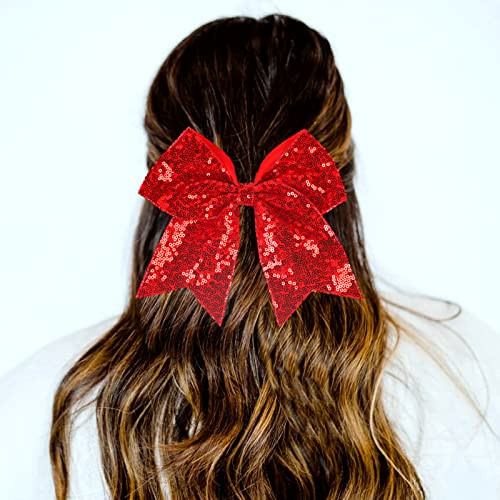 Xansema Women Girls Kids Teens Sequins Hair Bows Elastic Hair Tie Ribbon Large Cheer Bow Ponytail Holder Hair Band Deep Purple