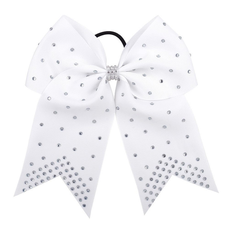Xansema 7 Inches Rhinestone Hair Bows Elastic Hair Tie Ribbon Large Cheer Bow Ponytail Holder Hair Band For Women Girls Kids Teens White