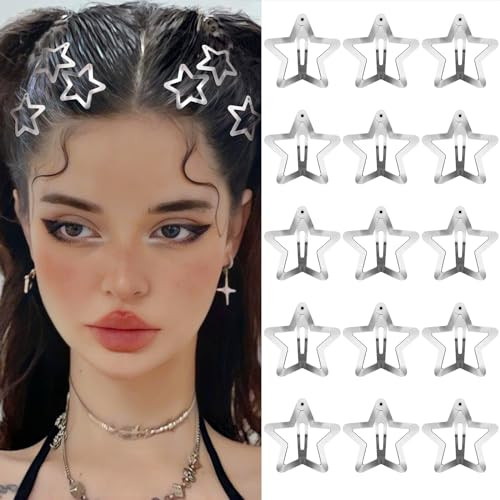 Star Hair Clips 2000S Y2K Snap Hair Barrettes Non Slip Star Hair Accessories Silver Metal Hair Clips For Girls Women 15 Pcs 1.57