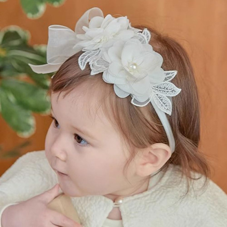 Kenjudess Baby Girl Headband Floral White Lace Baptism Christening Hairband Elastics Soft Head Wrap For Toddlers Hair Accessories For