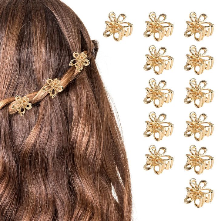 12 Pack Small Gold Flower Hair Clips For Women Girls Tiny Metal Claw Clips With Sparkling Floral Design Nonslip Bangs Accessories Cute