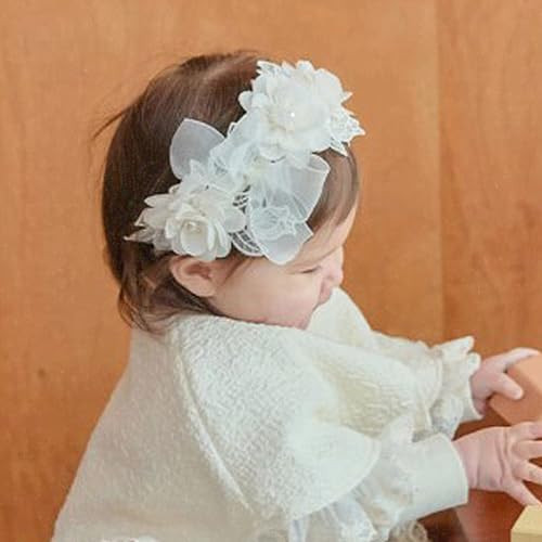 Yheahin White Lace Flower Headband For Baby Girls Toddler Christening Baptism Hairband Soft Lace Floral Birthday Party Hair Accessories For