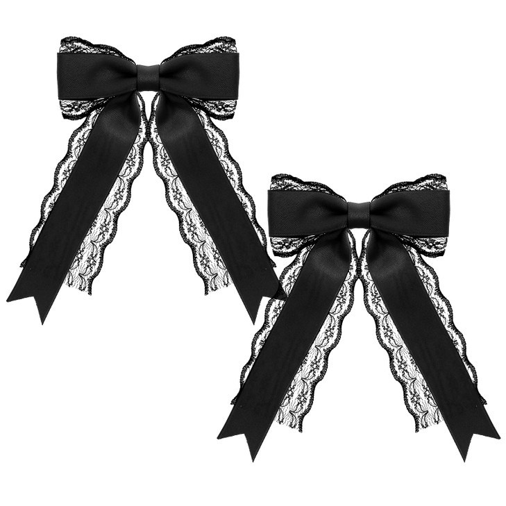 Giantree 2 Pcs Black Lace Hair Bow Clips For Women Cute Lace Hair Bows Clips With Long Tail Ribbon For Wedding Halloween Gothic Dress Decor