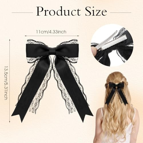 Giantree 2 Pcs Black Lace Hair Bow Clips For Women Cute Lace Hair Bows Clips With Long Tail Ribbon For Wedding Halloween Gothic Dress Decor
