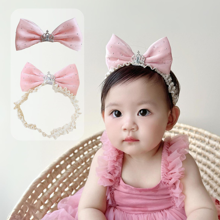 Rannyrena Lace Crown Hair Bow For Baby Girls Soft Tulle Elastic Headband Baby Shower Birthday Party Crown Hair Accessories For Newborn