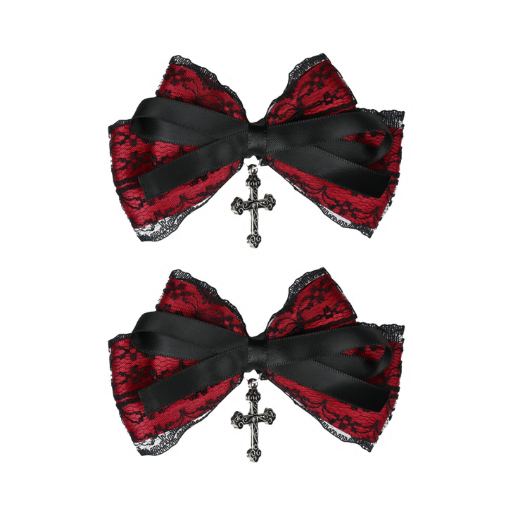 2Pcs Gothic Bow Clips 3.96 Halloween Hairbows Punk Hair Accessories For Girls Women Black Lace And Red Bow With Cross Duckbill Clips