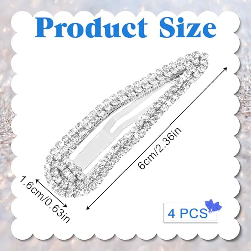 4Pcs Rhinestone Hair Clips Snap Barrettes For Women Water Drop Crystal Hairs Barrettes Bling Metal Snap Rhinestone Hairpins Sparkle Hair