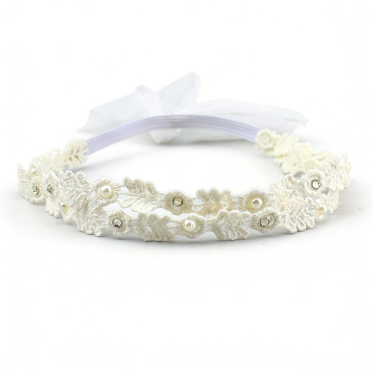 Pyalxdn 1 Pcs Double Layer Elegant White Flower Christening Headbands For Baby Girl Elastic Soft Lace With Cute Tulle Pearl Hair Strap