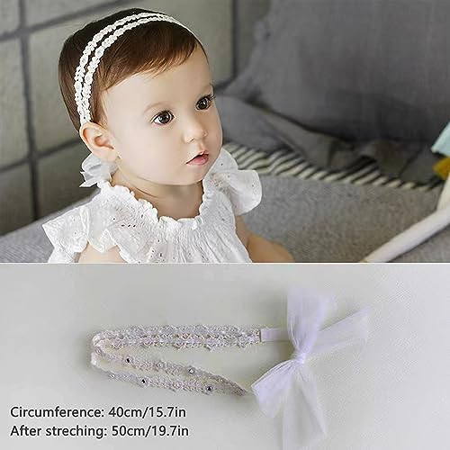 Pyalxdn 1 Pcs Double Layer Elegant White Flower Christening Headbands For Baby Girl Elastic Soft Lace With Cute Tulle Pearl Hair Strap