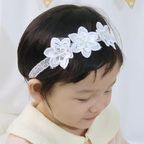 Rannyrena White Lace Floral Baby Girls Headband With Pearl Bow Birthday Shower Infant Wrap Elastic Baby Shower Turban Hairband For Newborn