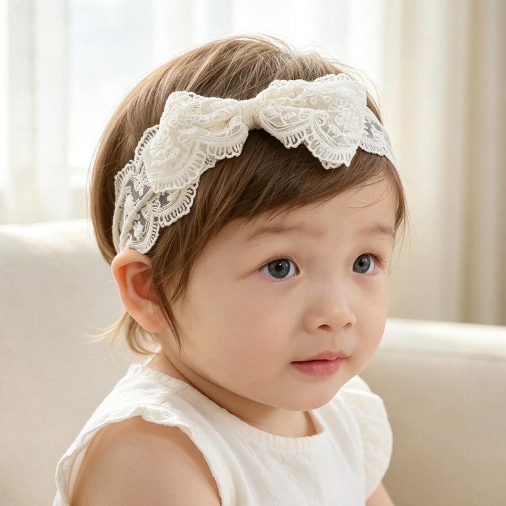 Rannyrena Off White Lace Floral Baby Girls Headband With Pearl Bow Birthday Shower Infant Wrap Elastic Baby Shower Turban Hairband For