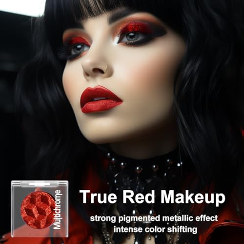 De Lanci Chameleon Red Glitter Eyeshadow Highly Pigmented Single Metallic Glitter Eye Shadow Palette Intense Color Shifting Chrome True Red