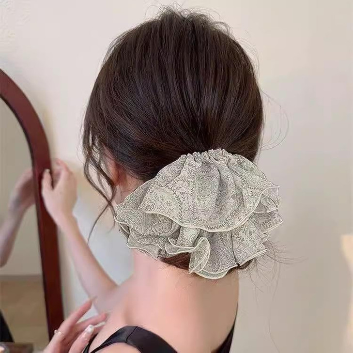Lemeilleur 2 Pcs French Oversize Jumbo Floral Hair Scrunchies Long Hair Eleastic Bands Scrunchy Hair Ties Ropes Ponytail Holders Cloth Bands
