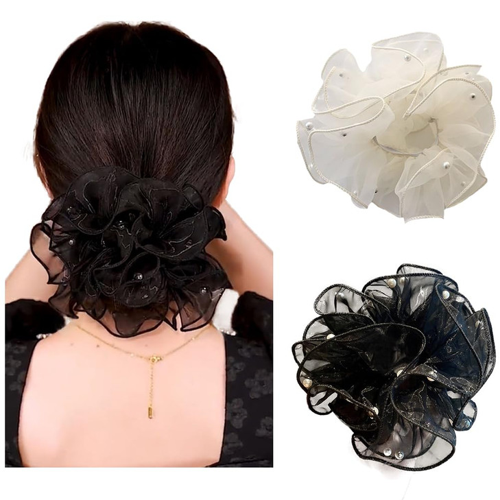 Jkqbux 2 Pcs Lace Organza Scrunchies Elastic Hair Bands Hair Accessories For Women Girls Elegant Hair Ties Ponytail Thick Curly Hairs