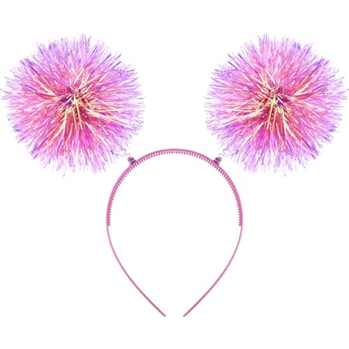 Divina Vitae Foil Strips Pom Pom Headband Glitter Tinsel Headband Pink Hair Accessories For Women Fluffy Pom Ball Headbands For Halloween