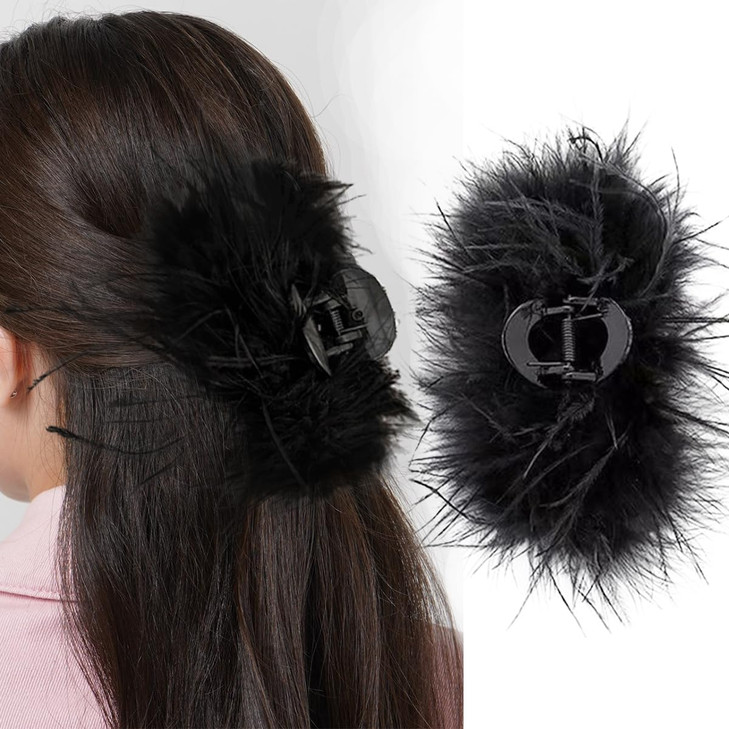 1 Pcs Black Feather Claw Clip Ostrich Hair Clip Hairgrip Retro Hair Claw Ponytail Shark Nonslip Barrettes Hair Clamp Accessories For Women