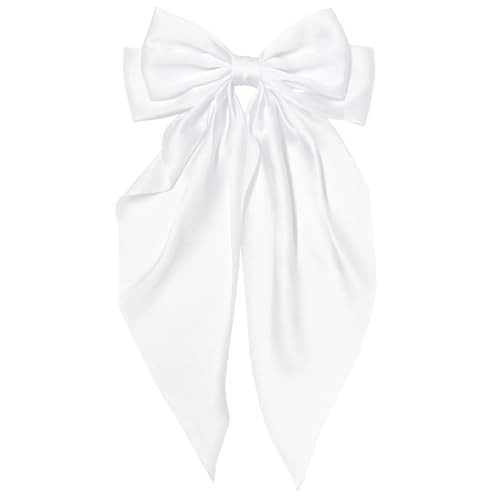 White Hair Bow For Women Girls Big Satin Bow Clip With Long Tail White Hair Accessories
