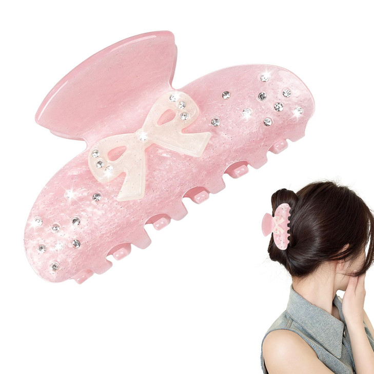 Llmsix Pink Bow Claw Clip Sparkly Rhinestone Bow Hair Claw Clip For Women Cute Pretty Claw Clips For Women And Girl Thick Thin Hair Non Slip