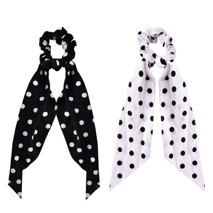 Polka Dot Hair Scrunchies For Women Girl Bowknot Ponytail Holder Stretchy Long Tail Hair Accessory Elastic Hair Band Tie Black White Polka
