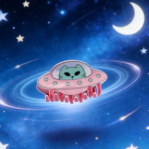 Cute Pink Ufo Alien Spaceship Hair Claw Clip For Women Acrylic Cartoon Cat Design Non Slip Medium Jaw Clip Fun Y2K Hair Accessory For Half