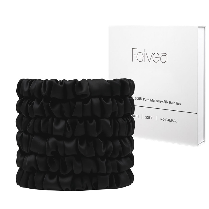 Feivea 22 Momme 100 Percent Silk Hair Ties 6Pcs No Damage Scrunchies For Women