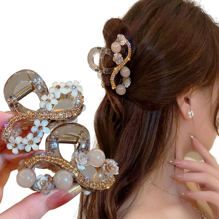 2 Pcs Flower Claw Clips Pearl Hair Claw Clips Shark Clip For Women Girls Party Wedding Thin Thick Hair Accessories