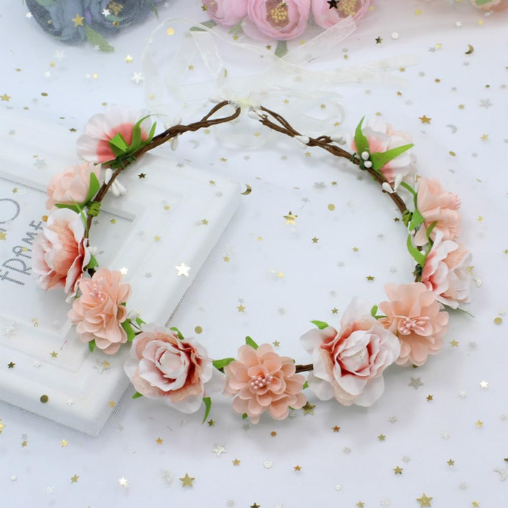 Akoak 1 Pack Flower Crown Bohemian Wreath For Girls Floral Tiara Wedding Headband Bride Bohemian Wreath Baby Shower Photo Toddler Flesh Pink
