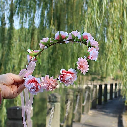 Akoak 1 Pack Flower Crown Bohemian Wreath For Girls Floral Tiara Wedding Headband Bride Bohemian Wreath Baby Shower Photo Toddler Flesh Pink