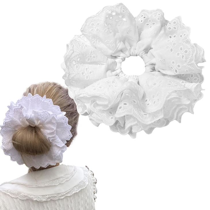 Large White Lace Scrunchies Elastic Hair Ties Ropes Ponytail Holder Hair Accessories For Ladies Girls Thick Bulk Scrunchies