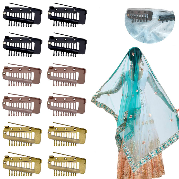 12 Pcs Chunni Clips With Safty Pins Dupatta Hair Clip Easy To Use With Dupatta Hijab And Tikka Setting Multifunction10 Teeth Snap Clips For
