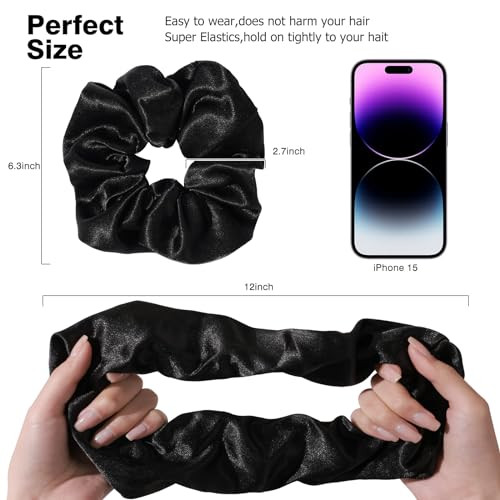 Nothstein 4Pcs Black Satin Silk Scrunchies For Women 6.3Inches Extra Large Hair Scrunchy Oversized Thick Elastic Hair Ties Hair Bands