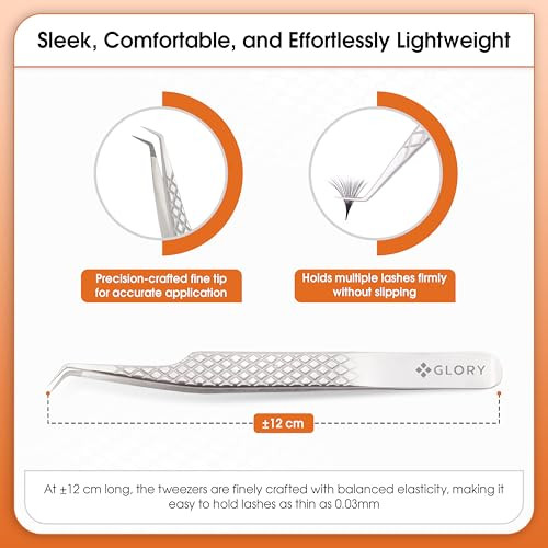 Glory Professional 45 Degree Angle Lash Tweezers For Eyelash Extensions Precision Fiber Tip Diamond Grip Stainless Steel Lash Tool For