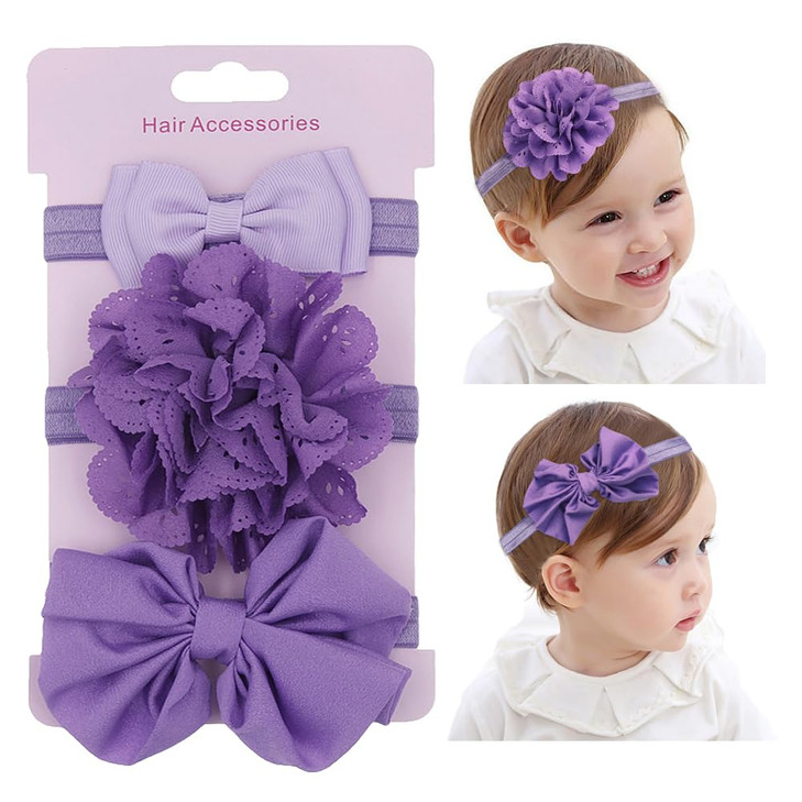 Yheahin 3Pcs Cute Baby Bows Headband Chiffon Flower Girl Hairband For Toddler Newborn Infant Soft Elastic Hair Bow Accessories For Baby