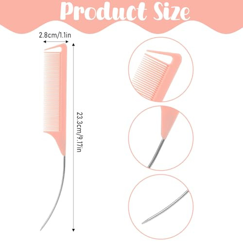 Giantree 3 Pcs Curved Rat Tail Combs Rat Tail Parting Comb Carbon Fiber Long Steel Pin Teasing Rat Tail Comb For Hair Styling Hair Parting