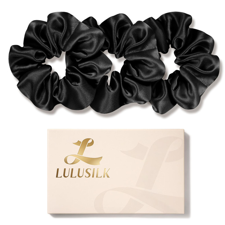 Lulusilk 100 Percent Mulberry Silk Scrunchies For Women Black 3 Pack Hair Sleep
